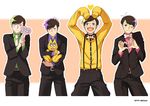  :&lt; ;3 alternate_costume bad_id bad_tumblr_id black_hair blush bow bowtie cat esper_nyanko formal glasses green_eyes heart heart_hands jitome male_focus matsuno_choromatsu matsuno_ichimatsu matsuno_juushimatsu matsuno_todomatsu messy_hair multiple_boys necktie osomatsu-kun osomatsu-san pink_eyes purple_eyes suit suspenders wewomnanana white_neckwear yellow_eyes 