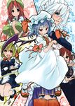  akure_ekuto alternate_costume bat_wings beret blonde_hair blue_eyes blue_hair chinese_clothes enmaided fang flandre_scarlet hat head_wings highres hong_meiling izayoi_sakuya koakuma maid maid_headdress mob_cap multiple_girls paneled_background patchouli_knowledge purple_eyes purple_hair red_eyes red_hair remilia_scarlet silver_hair string_play_spider_baby touhou wings yo-yo 