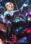  1boy 1girl abs artist_name asymmetrical_hair ballet_slippers blonde_hair blurry blurry_background bodysuit city commentary covered_navel emphasis_lines eyebrow_piercing gwen_stacy hood hood_down looking_at_another marvel mask midair nudtawut_thongmai parted_lips piercing short_hair silk smile spider-gwen spider-man:_into_the_spider-verse spider-man_(miles_morales) spider-man_(series) spider_web spider_web_print spread_legs superhero toned undercut 