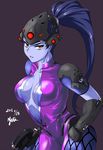  2016 bodysuit breasts brown_background center_opening dated head_mounted_display large_breasts light_smile long_hair looking_at_viewer nishiumi_yuuta overwatch parted_lips pink_bodysuit purple_hair purple_skin simple_background solo widowmaker_(overwatch) yellow_eyes 