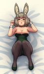  animal_ear_fluff animal_ears bare_shoulders bed_sheet bell bell_choker blush breasts breasts_apart breasts_outside bunny_ears bunnysuit choker eyebrows eyebrows_visible_through_hair grey_hair jingle_bell large_breasts looking_at_viewer lying monorus nipples on_back pantyhose sekaiju_no_meikyuu sekaiju_no_meikyuu_5 short_hair solo therian_(sekaiju) triangle_mouth wrist_cuffs yellow_eyes 