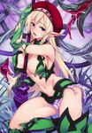  absurdres alleyne_(queen's_blade) armpits bare_shoulders beret blonde_hair blue_eyes blush boots braid breasts covered_nipples elbow_gloves elf gloves green_gloves groin hat highres imminent_rape knee_boots kneeling lance large_breasts long_hair looking_at_viewer matsuryuu midriff navel open_mouth pointy_ears polearm queen's_blade revealing_clothes scan side_braid single_braid skirt sleeveless solo sweat tareme tentacles tongue tongue_out torn_clothes torn_gloves torn_skirt weapon white_skirt 