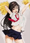  arms_up black_bra black_hair bra breasts contrapposto cowboy_shot crop_top eyebrows large_breasts long_hair midriff navel necktie obmas_(pfeito) original pleated_skirt pom_poms pussy_juice red_eyes see-through skirt smile solo standing thick_eyebrows underwear 