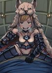 alternate_costume animal_ears armor bad_id bad_pixiv_id bare_shoulders berserker_(granblue_fantasy) black_panties blonde_hair blush boots breasts breath ceiling collar collarbone djeeta_(granblue_fantasy) eyebrows eyebrows_visible_through_hair fangs gauntlets granblue_fantasy hair_ornament heart heart-shaped_pupils highres indoors lantern medium_breasts nabeo open_mouth panties pelt pov saliva short_hair sitting sitting_on_person solo spread_legs symbol-shaped_pupils thigh_boots thighhighs tongue underwear wolf_pelt 