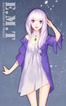  :d alternate_costume artist_name bangs braid character_name cowboy_shot crystal dress emilia_(re:zero) eyebrows eyebrows_visible_through_hair flower gem hair_flower hair_ornament highres jacket jewelry legs_apart long_hair looking_at_viewer motion_blur open_mouth purple_eyes re:zero_kara_hajimeru_isekai_seikatsu rose salute silver_hair sleeves_past_elbows smile solo swd3e2 white_dress white_flower white_hair white_rose 