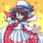  alternate_color alternate_hair_color bird bow brown_eyes cape card clothes_writing cosplay glasses gloves hat hat_bow kaitou_kid kaitou_kid_(cosplay) long_sleeves low_twintails meitantei_conan necktie one_eye_closed open_mouth pote_(ptkan) red_neckwear shirt short_hair skirt solo star touhou twintails usami_sumireko white_skirt 