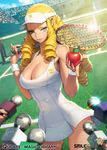  ball bare_shoulders blonde_hair blue_eyes breasts cleavage copyright_name cowboy_shot crowd dress dutch_angle large_breasts lens_flare light_rays long_hair looking_at_viewer microphone ningu official_art pinky_out qurare_magic_library racket red_apple ringlets short_dress solo_focus sportswear sweat tennis_ball tennis_court tennis_racket tennis_uniform visor_cap white_dress 