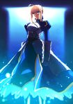  ahoge armor armored_dress artoria_pendragon_(all) blonde_hair expressionless fate/stay_night fate_(series) gauntlets glowing green_eyes hair_ribbon highres looking_at_viewer ribbon saber sen_(77nuvola) solo standing 