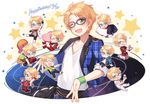  :3 ;) ;3 armband blonde_hair blue-framed_eyewear blush boombox chinese_clothes cup ensemble_stars! glasses green_eyes happy_birthday heart index_finger_raised juugonichi_(wheeliex2) looking_at_viewer multiple_boys multiple_persona one_eye_closed open_mouth outstretched_arm plate sash smile space star teacup teapot yuuki_makoto 