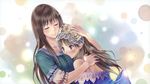  absurdres atelier_(series) atelier_totori black_eyes brown_hair cecilia_helmold closed_eyes collarbone hair_ornament hand_on_another's_head highres hug kishida_mel multiple_girls official_art tears totooria_helmold 