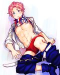  bad_id bad_pixiv_id belt blue_eyes blush boxer_briefs idolmaster idolmaster_side-m kabuto_daigo looking_at_viewer lying male_focus male_underwear nipples on_back pants_down pants_pull pink_hair shirt_lift simple_background solo toned toned_male underwear undressing unzipped white_background youhe_hino 