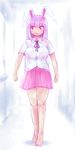  animal_ears barefoot bunny_ears commentary_request miniskirt pink_hair red_eyes reisen_udongein_inaba shirosato skirt solo touhou walking 