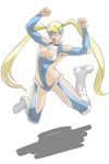  blue_ribbon boots breasts celebration cleavage cleavage_cutout clenched_hand closed_eyes highres jumping knee_boots large_breasts leotard long_hair mask muscle muscular_female open_mouth rainbow_mika ribbon shadow smile solo street_fighter street_fighter_v toned twintails uheri 
