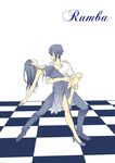  1girl blue_hair checkered checkered_floor closed_eyes dancing dress english female_saniwa_(touken_ranbu) high_heels limited_palette mikazuki_munechika saniwa_(touken_ranbu) smile touken_ranbu tsugumi_(uzurabird) 