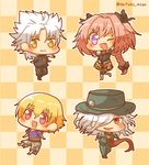  ;d amakusa_shirou_(fate) astolfo_(fate) blonde_hair boots braid checkered checkered_background chibi child_gilgamesh cross cross_necklace daifuku_mogu edmond_dantes_(fate/grand_order) fang fate/apocrypha fate/grand_order fate/hollow_ataraxia fate_(series) hair_over_one_eye hat highres jewelry looking_at_viewer male_focus multiple_boys necklace necktie one_eye_closed open_mouth otoko_no_ko pink_hair purple_eyes smile twitter_username white_hair 