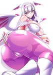  alternate_color animal_print ass bare_shoulders bat bat_print bat_wings blush breasts bridal_gauntlets cleavage commentary_request cosplay covered_nipples demon_girl hairband hamon_ai head_wings heart_cutout idolmaster idolmaster_(classic) large_breasts leotard long_hair looking_at_viewer morrigan_aensland morrigan_aensland_(cosplay) naughty_face pantyhose pink_hairband print_legwear purple_eyes purple_legwear purple_wings shijou_takane silver_hair smile solo succubus vampire_(game) wings 
