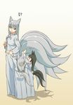  animal_ears bad_link black_hair fox_ears fox_tail grey_hair jangseunghyun kitsune korean_clothes korean_text kyuubi mother_and_daughter multiple_girls multiple_tails original siblings simple_background sisters tail translated 