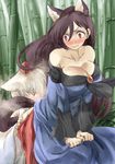  animal_ears ass_sniffing bamboo bamboo_forest blush breasts brown_hair cleavage forest hat imaizumi_kagerou inubashiri_momiji large_breasts multiple_girls nature off_shoulder skirt smelling tail tokin_hat torn_clothes torn_skirt touhou white_hair wolf_ears wolf_tail yohane yuri 
