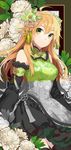  72producer absurdres ahoge bell black_legwear blonde_hair breasts chinese_clothes cowboy_shot detached_sleeves dress floral_background flower frilled_dress frills green_background green_dress green_eyes hair_bell hair_between_eyes hair_flower hair_ornament highres hoshii_miki idolmaster idolmaster_(classic) jingle_bell leaf long_hair looking_at_viewer medium_breasts multicolored multicolored_clothes multicolored_dress peony_(flower) smile solo tassel thighhighs zettai_ryouiki 