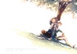 back-to-back brown_hair cape copyright_name dated dutch_angle grass green_eyes h28 hand_on_head indian_style lavender_eyes mikleo_(tales) multiple_boys one_eye_closed silver_hair sitting sorey_(tales) tales_of_(series) tales_of_zestiria tree tree_shade 