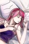  absurdres blazblue breasts cleavage closed_eyes early_type highres lying medium_breasts on_back pillow red_hair sleeping solo spaghetti_strap strap_slip tsubaki_yayoi 