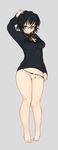  adjusting_clothes adjusting_panties bangs black_hair black_shirt brown_eyes cross full_body glasses grey_background hand_on_own_head highres hunter_x_hunter jewelry long_sleeves necklace no_pants panties shirt shivu_(mochi) shizuku_(hunter_x_hunter) short_hair simple_background solo standing underwear white_panties 