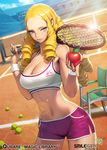  ball bare_shoulders blonde_hair blue_eyes breasts bustier chair cleavage copyright_name cowboy_shot dutch_angle large_breasts lens_flare light_rays long_hair looking_at_viewer midriff navel ningu official_art pinky_out qurare_magic_library racket red_apple ringlets shorts solo sportswear tennis_ball tennis_court tennis_racket tennis_uniform 