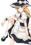  apron black_dress blonde_hair blue_eyes bow braid dress hat hat_bow highres kirisame_marisa long_hair looking_at_viewer mary_janes puffy_short_sleeves puffy_sleeves rinarisa shirt shoes short_sleeves single_braid sitting solo touhou waist_apron white_bow witch_hat wrist_cuffs 