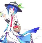  alternate_hair_length alternate_hairstyle basket black_hat blue_hair cowboy_shot dress_shirt food frills fruit hat hinanawi_tenshi ichiyan leaf looking_at_viewer necktie open_mouth peach purple_eyes rainbow_gradient rainbow_order red_neckwear shirt short_hair simple_background solo touhou white_background white_shirt wing_collar 