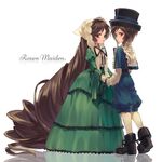  absurdly_long_hair bonnet boots brown_hair copyright_name dress full_body green_dress green_eyes h28 hat heterochromia holding_hands long_hair looking_at_viewer multiple_girls puffy_shorts red_eyes reflective_floor ribbon rozen_maiden short_hair shorts siblings sisters souseiseki suiseiseki top_hat twins very_long_hair white_legwear 