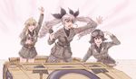  alternate_hair_color anchovy anzio_military_uniform arm_up backlighting belt binoculars blonde_hair bow braid car carpaccio convertible dagger drill_hair girls_und_panzer goggles goggles_on_head ground_vehicle hair_bow hand_on_own_head helmet highres kubelwagen long_hair military military_uniform military_vehicle motor_vehicle multiple_girls necktie open_mouth outstretched_arm pepperoni_(girls_und_panzer) pink_hair purple_hair short_hair shovel side_braid simple_background skirt smile twin_drills uniform waving weapon white_background yoshikawa_kazunori 