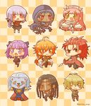  6+boys :d ;) ahoge bangs billy_the_kid_(fate/grand_order) black_legwear blonde_hair blue_hair blunt_bangs blush braid brown_eyes checkered checkered_background chibi chinese_clothes crown cu_chulainn_alter_(fate/grand_order) daifuku_mogu dark_skin detached_sleeves fangs fate/extra fate/grand_order fate_(series) florence_nightingale_(fate/grand_order) geronimo_(fate/grand_order) grey_eyes helena_blavatsky_(fate/grand_order) highres holding holding_weapon holster hood lancer li_shuwen_(fate) li_shuwen_(fate/grand_order) lion long_hair looking_at_viewer medb_(fate)_(all) medb_(fate/grand_order) multiple_boys multiple_girls native_american one_eye_closed open_mouth orange_eyes orange_hair pink_hair pleated_skirt polearm ponytail purple_eyes purple_hair rama_(fate/grand_order) red_hair shirtless skirt sleeveless smile spear tail thighhighs thomas_edison_(fate/grand_order) weapon white_legwear 