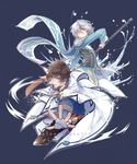  armor blurry brown_hair cape copyright_name earrings fingerless_gloves gloves green_eyes h28 jewelry lavender_eyes male_focus mikleo_(tales) multiple_boys silver_hair sorey_(tales) staff sword tales_of_(series) tales_of_zestiria weapon wind 