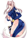  ass blush bodysuit book breasts brown_eyes glasses gloves large_breasts light_brown_hair long_hair looking_at_viewer looking_down presa_(tales) shiny shiny_clothes shiny_hair shiny_skin smile solo tail tales_of_(series) tales_of_xillia 