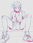  bandage_on_face chromatic_aberration foreshortening frown h28 hands_in_pockets jacket jojo_no_kimyou_na_bouken joseph_joestar_(young) male_focus mixed_media monochrome perspective shoes short_shorts shorts sitting sneakers solo spot_color stairs younger 