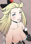  ahoge blonde_hair blue_eyes blush bow bravely_default:_flying_fairy bravely_default_(series) breasts cleavage cleavage_reach commentary daniel_macgregor edea_lee eyebrows forehead gloves hair_bow lips long_hair medium_breasts smile solo strapless upper_body 