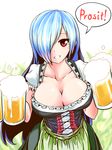  alcohol apron beer blue_hair breasts cleavage collarbone commentary_request corset cup dirndl dress german german_clothes gradient_hair hair_over_one_eye large_breasts long_hair looking_at_viewer mug multicolored_hair oktoberfest optronics red_eyes smile solo teeth underbust very_long_hair viprpg 