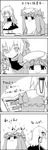  4koma apron black_dress book comic commentary_request crescent dress greyscale hat highres jitome kirisame_marisa long_hair mob_cap monochrome patchouli_knowledge reading shoujo_kitou-chuu smile tani_takeshi touhou translated very_long_hair waist_apron yukkuri_shiteitte_ne 