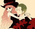  1girl carrying dress earrings flower green_hair hat hat_flower hetero holding_hands interlocked_fingers japanese_clothes jewelry komomo1214 long_hair one_piece perona pink_hair roronoa_zoro rose scar scar_across_eye short_hair strapless strapless_dress top_hat 