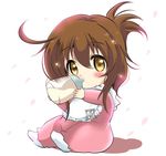  alternate_costume baby baby_bottle bib blush bottle brown_eyes brown_hair commentary_request drinking folded_ponytail food food_on_face inazuma_(kantai_collection) kantai_collection milk onesie petals sitting socks solo tonchinkan white_legwear younger 