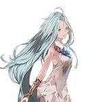  ahoge akiha_(attract) aqua_eyes aqua_hair armpits bad_id bad_twitter_id bare_shoulders choker cowboy_shot dress from_side granblue_fantasy long_hair looking_at_viewer lyria_(granblue_fantasy) official_style open_mouth simple_background smile solo teeth upper_body very_long_hair white_background white_dress 
