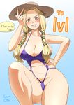  areola_slip areolae belly blonde_hair breasts brown_eyes cleavage grin hand_on_hip hat highres large_breasts leg_lift lips long_hair looking_at_viewer otoi_rekomaru smile solo straw_hat thick_thighs thighs 