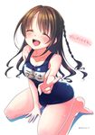  barefoot blush braid breasts brown_hair cleavage closed_eyes emu_(trigger) idolmaster idolmaster_cinderella_girls long_hair medium_breasts one-piece_swimsuit open_mouth outstretched_arm school_swimsuit shimamura_uzuki sitting smile solo swimsuit translated v wariza 