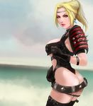  ass bangbez beach belt black_gloves blonde_hair blue_eyes boots breasts circlet cleavage dead_or_alive earrings gloves jewelry leather_clothes lipstick looking_at_viewer makeup ninja_gaiden rachel_(ninja_gaiden) solo 