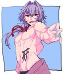  idolmaster idolmaster_side-m kanji kizaki_ren male_focus nipples open_mouth ponytail shirtless silver_hair smile solo yamamoto_akko 