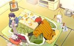  bandana blue_hair cat electric_socket enjouji_michiru food from_above fruit green_hair haori heater idolmaster idolmaster_side-m japanese_clothes kizaki_ren kotatsu male_focus mandarin_orange marker multiple_boys silver_hair sleeping table taiga_takeru tatami the_kogado tsuyu_saki under_kotatsu under_table wallpaper water_heater 