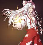  &gt;:) baggy_pants bow breasts cleavage commentary_request cowboy_shot ebiblue fire foreshortening fujiwara_no_mokou grin hair_bow hand_in_pocket juliet_sleeves long_hair long_sleeves looking_at_viewer medium_breasts pants puffy_sleeves red_eyes red_pants shirt silver_hair slit_pupils smile solo suspenders touhou unbuttoned unbuttoned_shirt v-shaped_eyebrows white_shirt 
