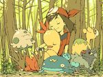  brown_hair character_request combusken eyes_closed forest haruka_(pokemon) mochihada numel outdoors pokemon pokemon_(game) pokemon_rse poochyena shroomish sleeping trees whiscash 