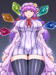 breasts covered_nipples crescent crescent_hair_ornament dashigarayama dress hair_ornament hat highres huge_breasts long_hair mob_cap patchouli_knowledge purple_eyes purple_hair short_dress solo striped striped_dress thick_thighs thighhighs thighs touhou zettai_ryouiki 