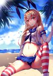  absurdres beach black_panties blonde_hair crop_top elbow_gloves gloves hairband highleg highleg_panties highres kantai_collection long_hair looking_up miniskirt mou_kankan ocean panties pantyshot red_eyes shimakaze_(kantai_collection) sitting skirt solo sparkle striped striped_legwear thighhighs thong tree_shade underwear white_gloves 